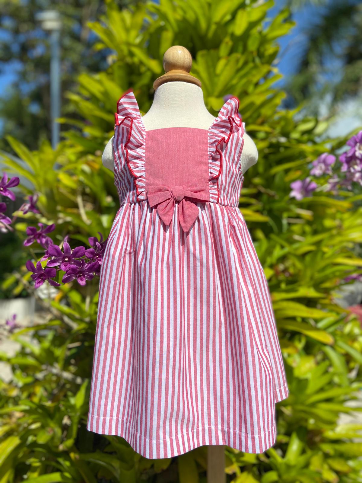 Red and White Striped Dress with Ruffle and Solid Insert