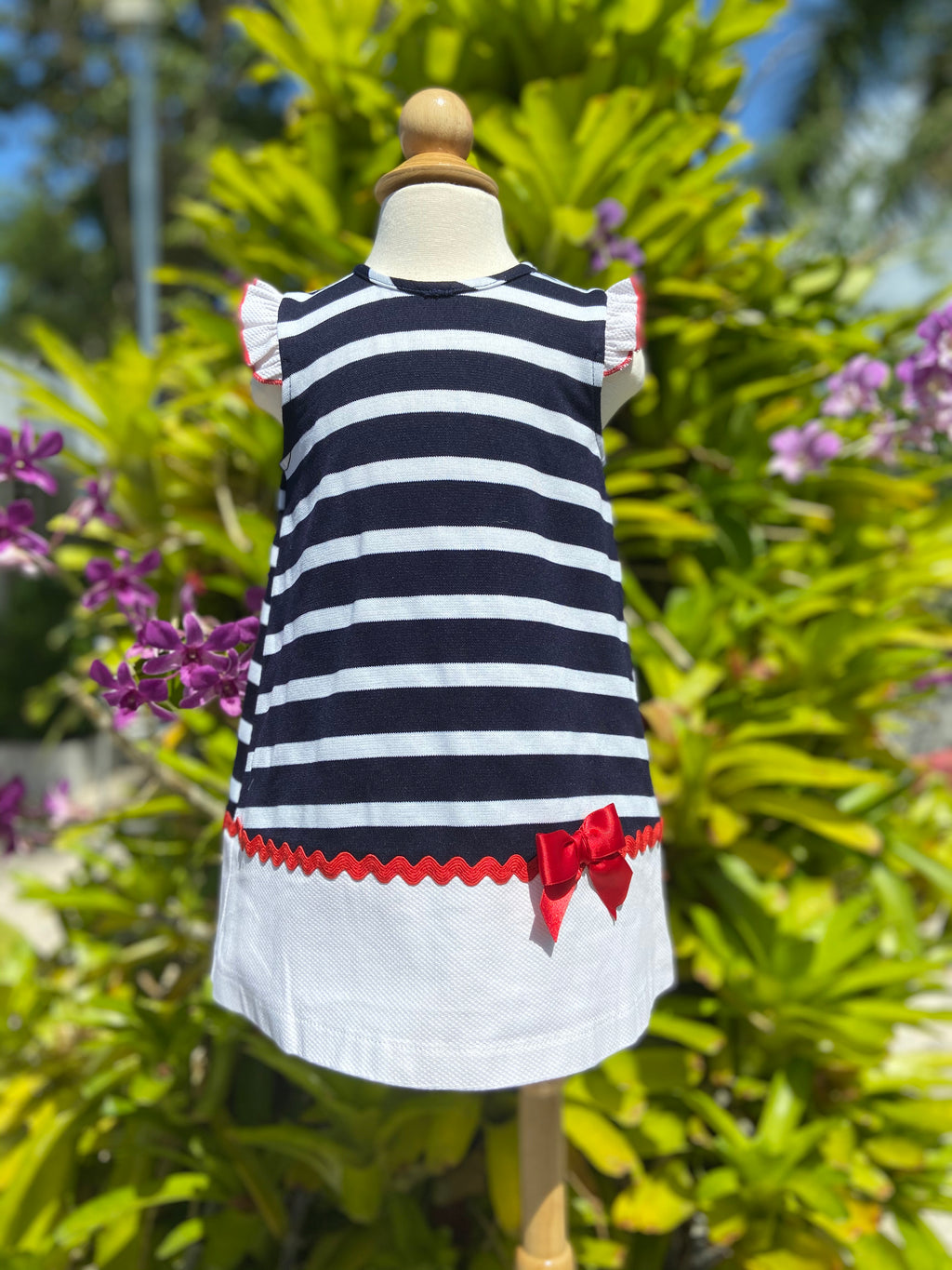 Navy and White Dress with Red Bow and Rick-Rack