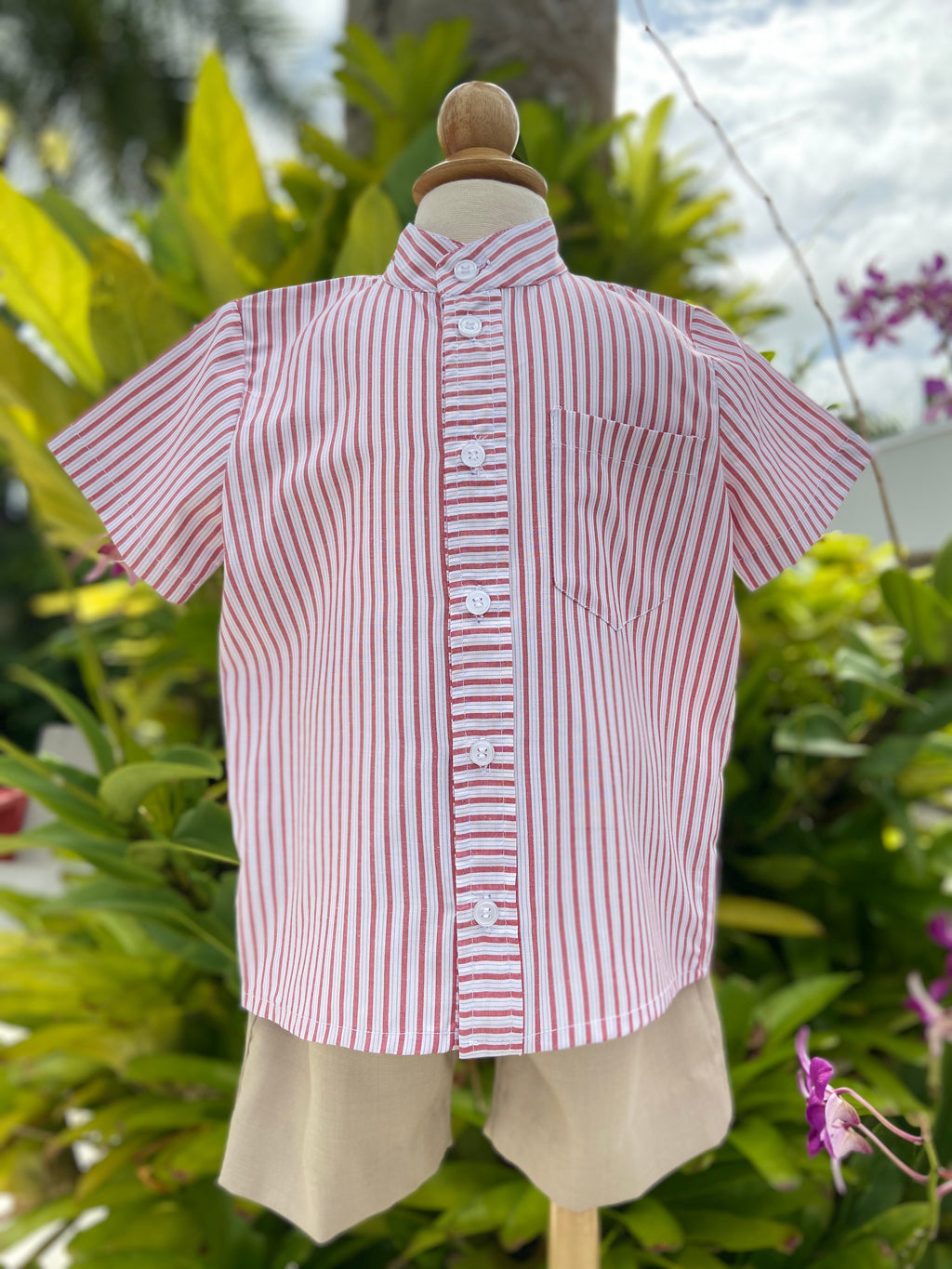 Beige Shorts and Red Stripped Top