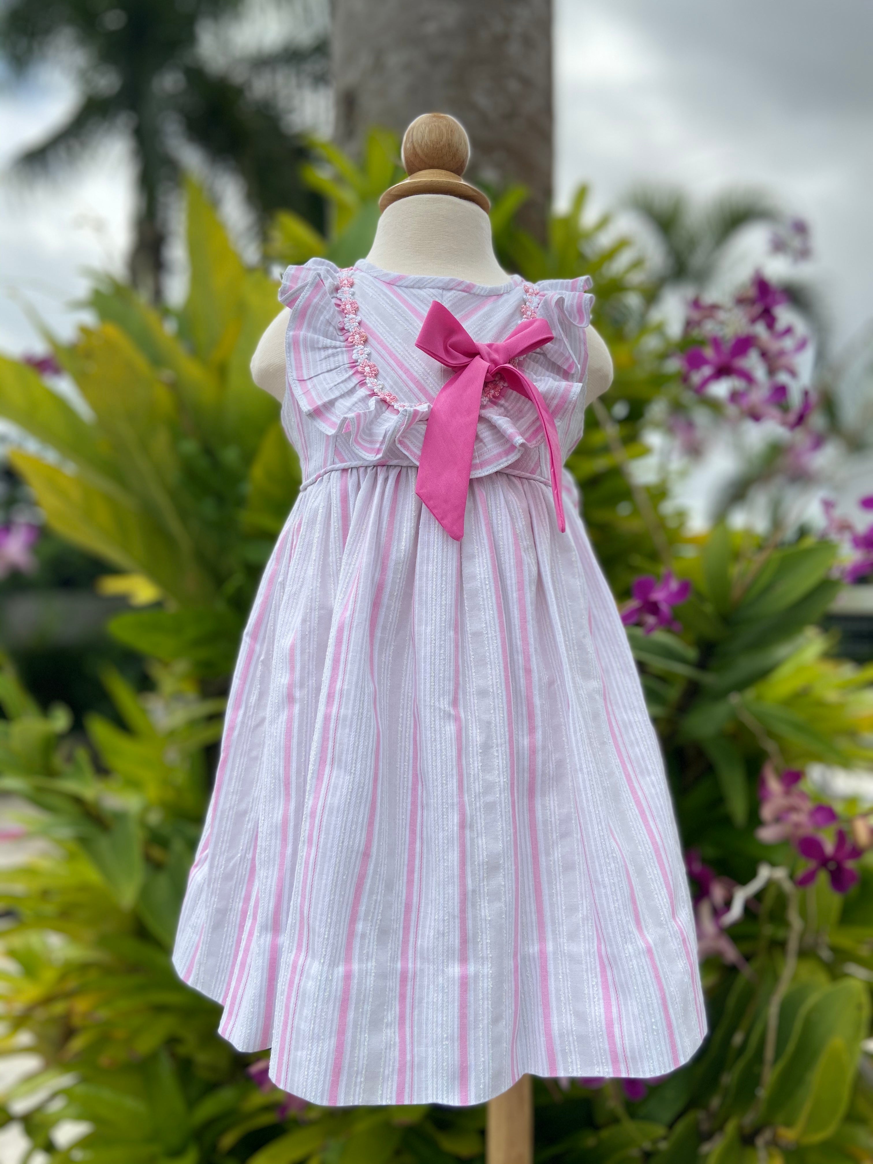 Pink, Gray & White Striped Cotton Dress With Ruffles & Bow Embellishments