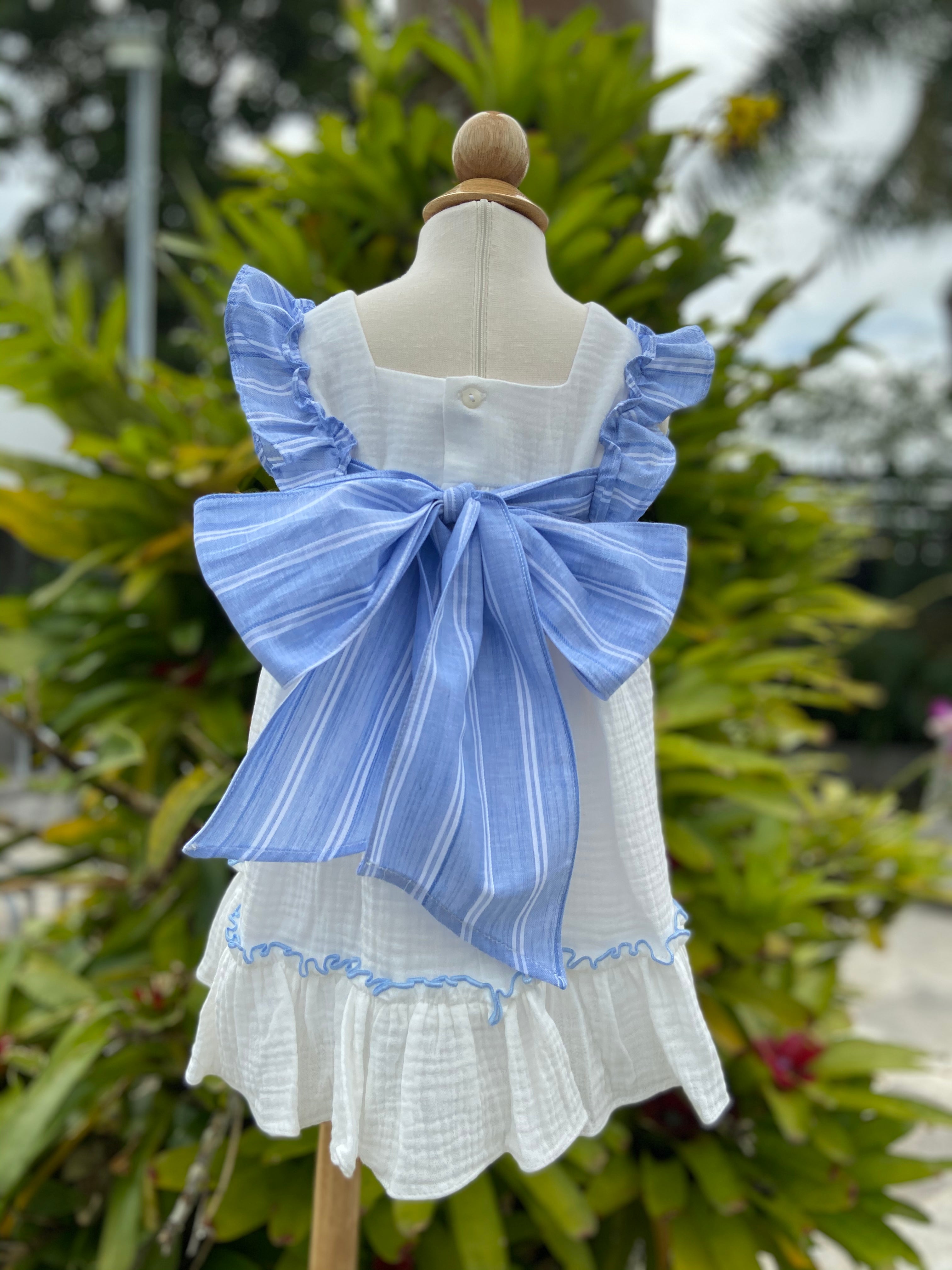 White Seersucker Dress with Blue Ruffle