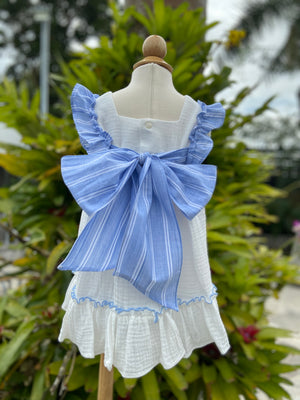 White Seersucker Dress with Blue Ruffle