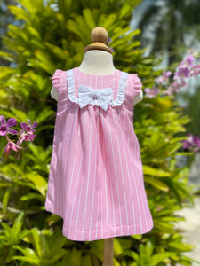 Pink and White Cotton Dress with Ruffled Sleeves