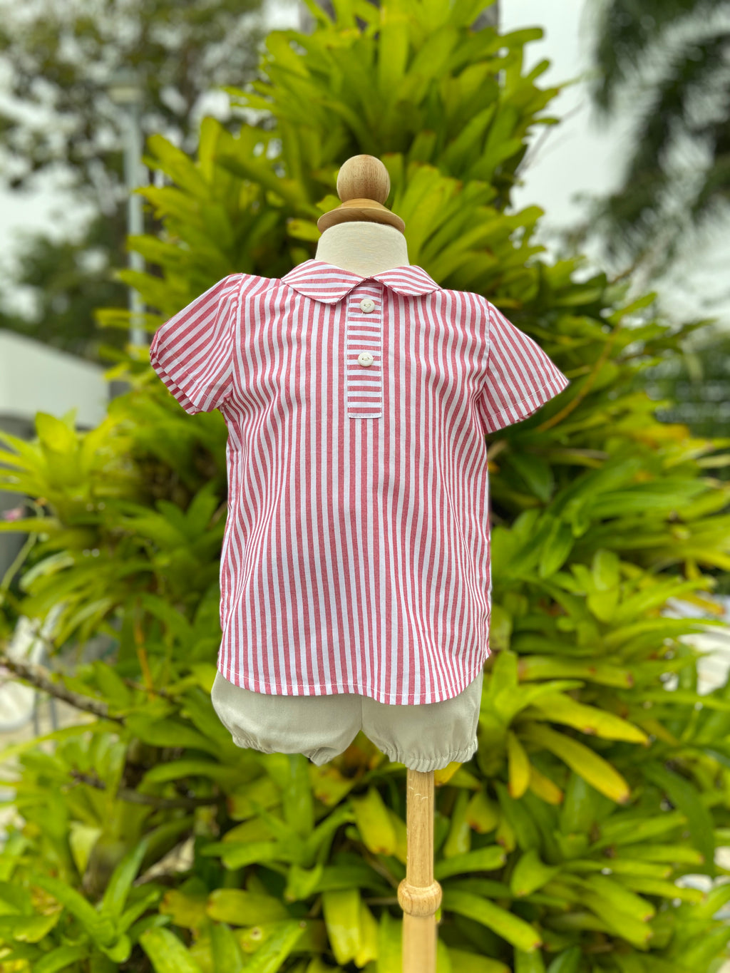 Red and White Striped Shirt with Beige Short