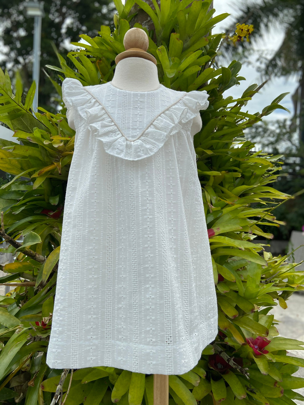 White Eyelet Dress with Ruffle & Piping