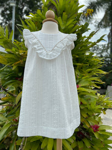 White Eyelet Dress with Ruffle & Piping