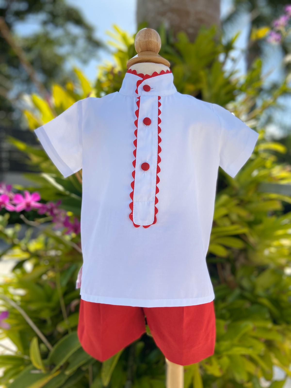 Red Shorts and White Top with Red Rick Rack and Buttons Enhancement - Boy