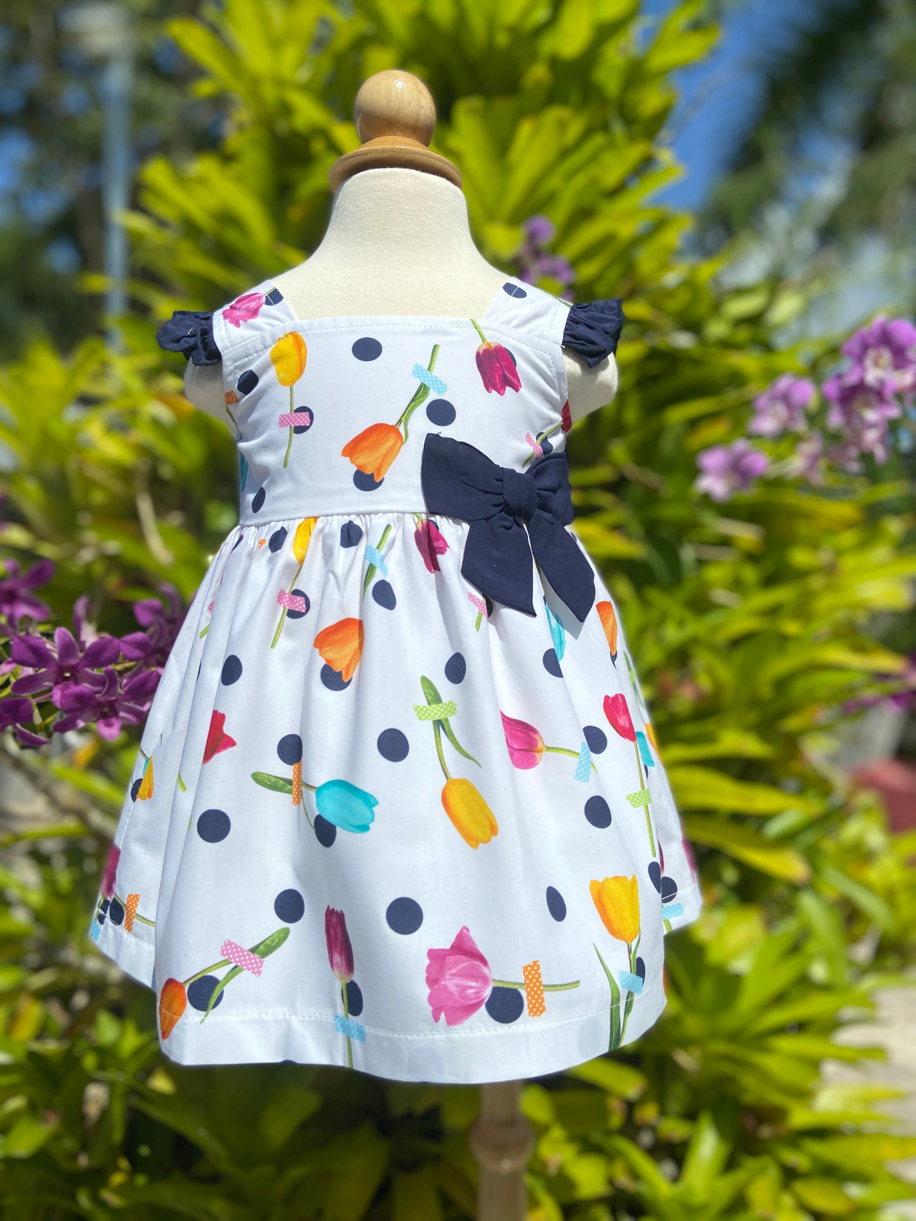 Printed White Dress with Navy Polka Dots and Tulips