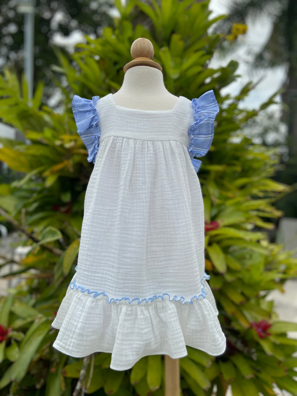 White Seersucker Dress with Blue Ruffle