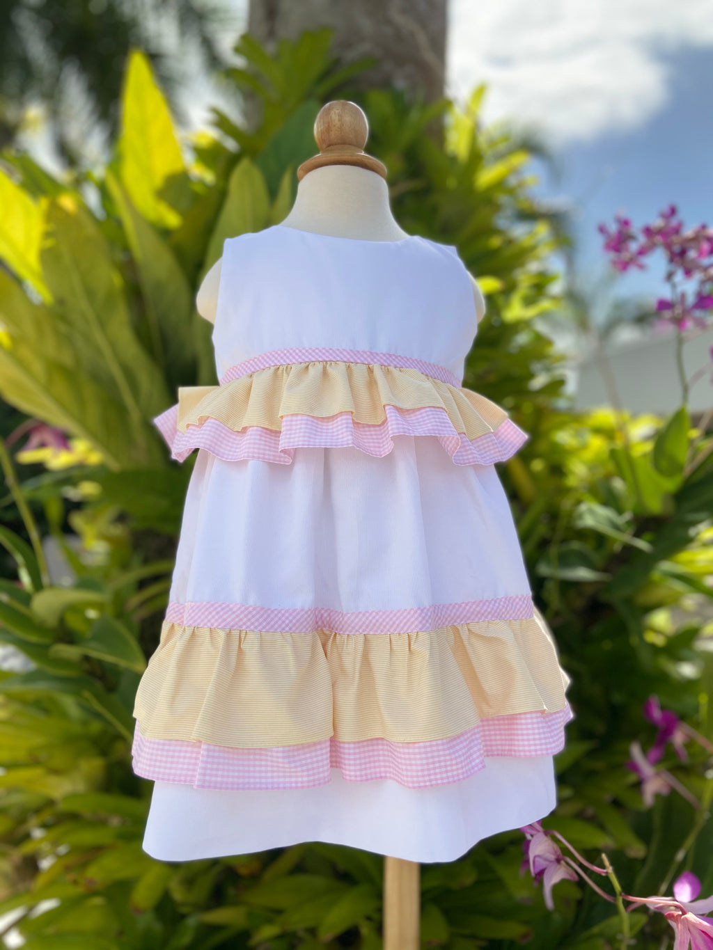 White Pique Dress With Pink & Yellow Ruffle