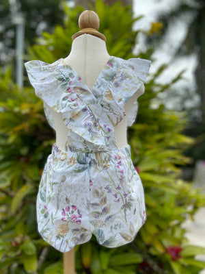 Flower Printed Ruffled Romper with Crisscross Back