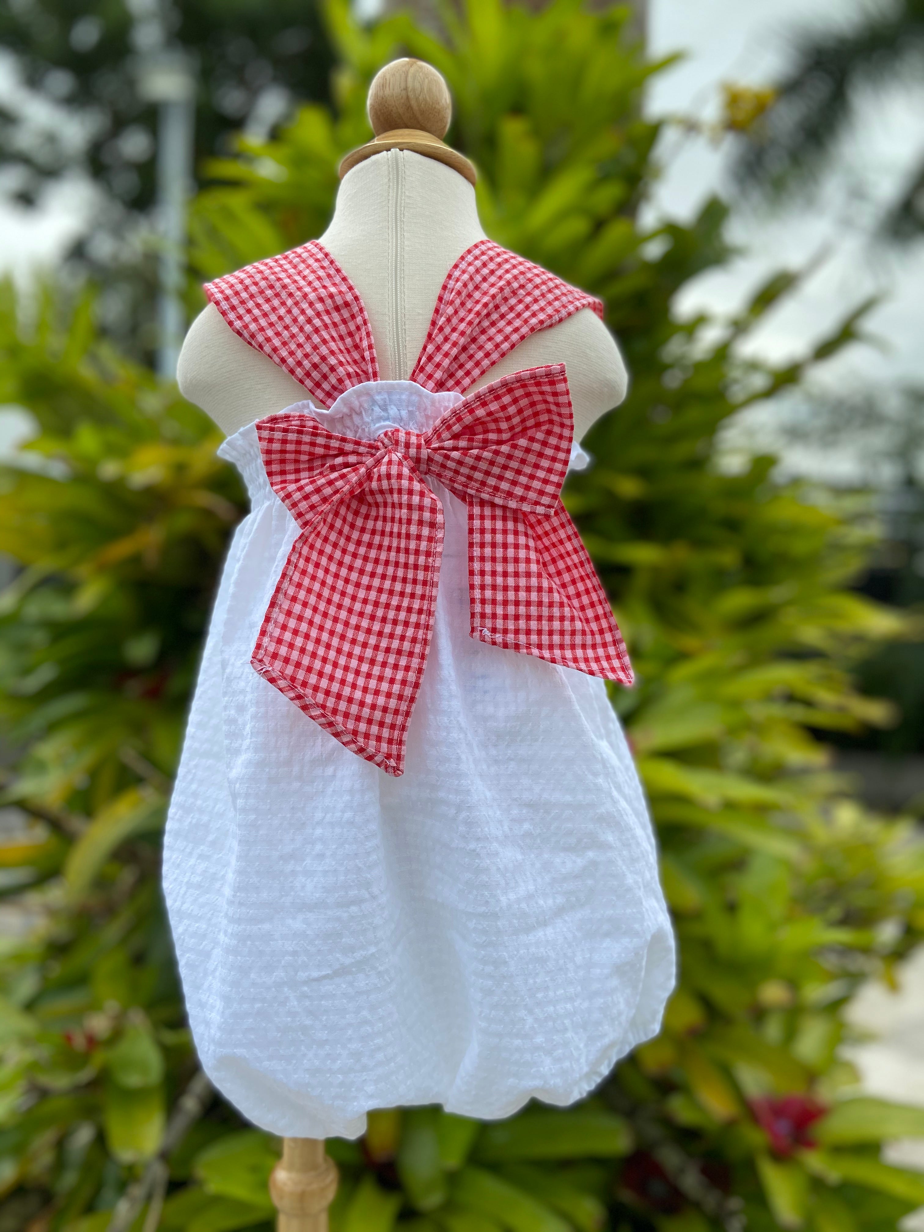 Bloomer Style White SeerSucker Romper with Red Gingham Straps