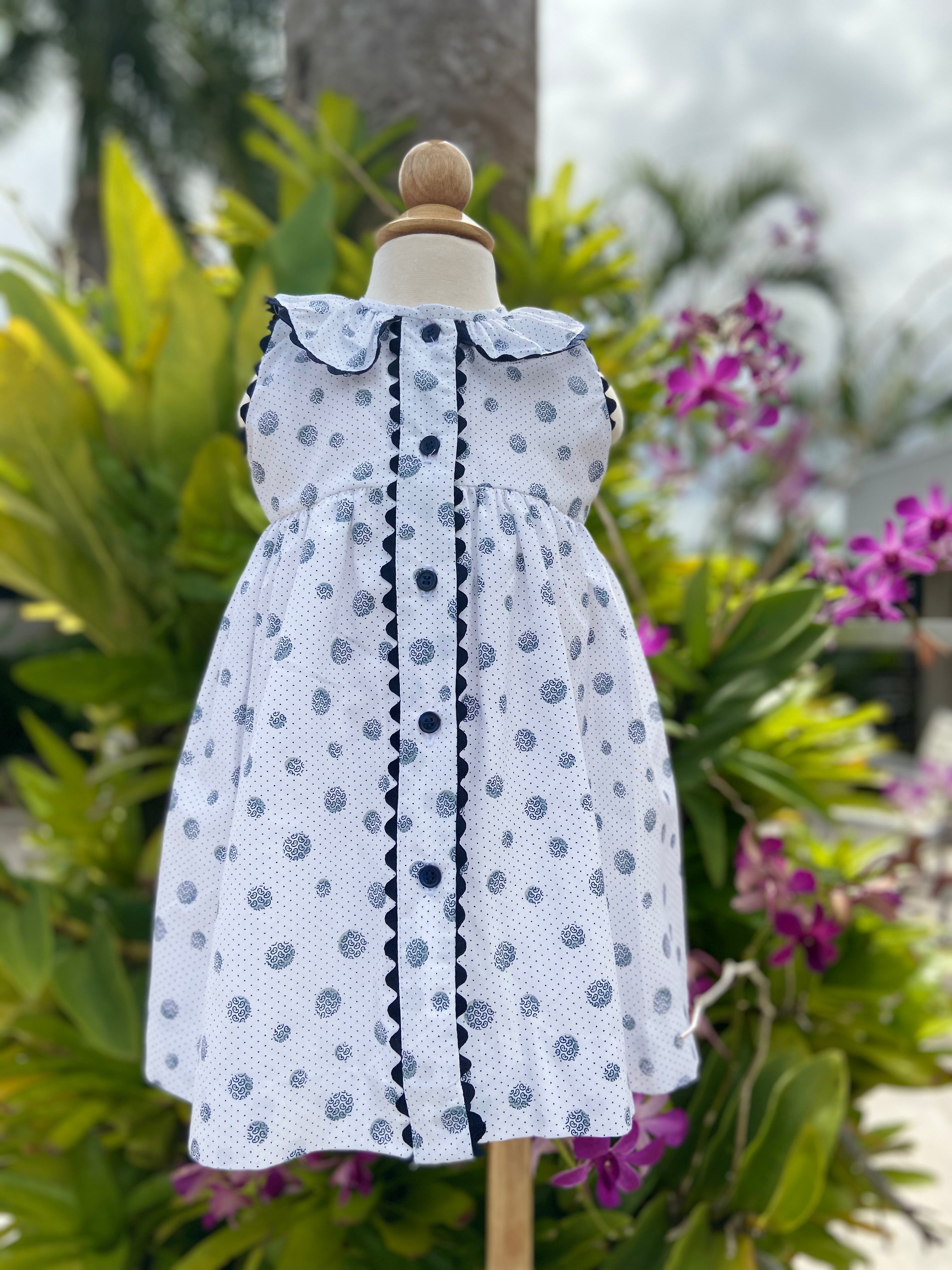 White & Navy Printed Cotton Dress With Rick Rack & Buttons Accents