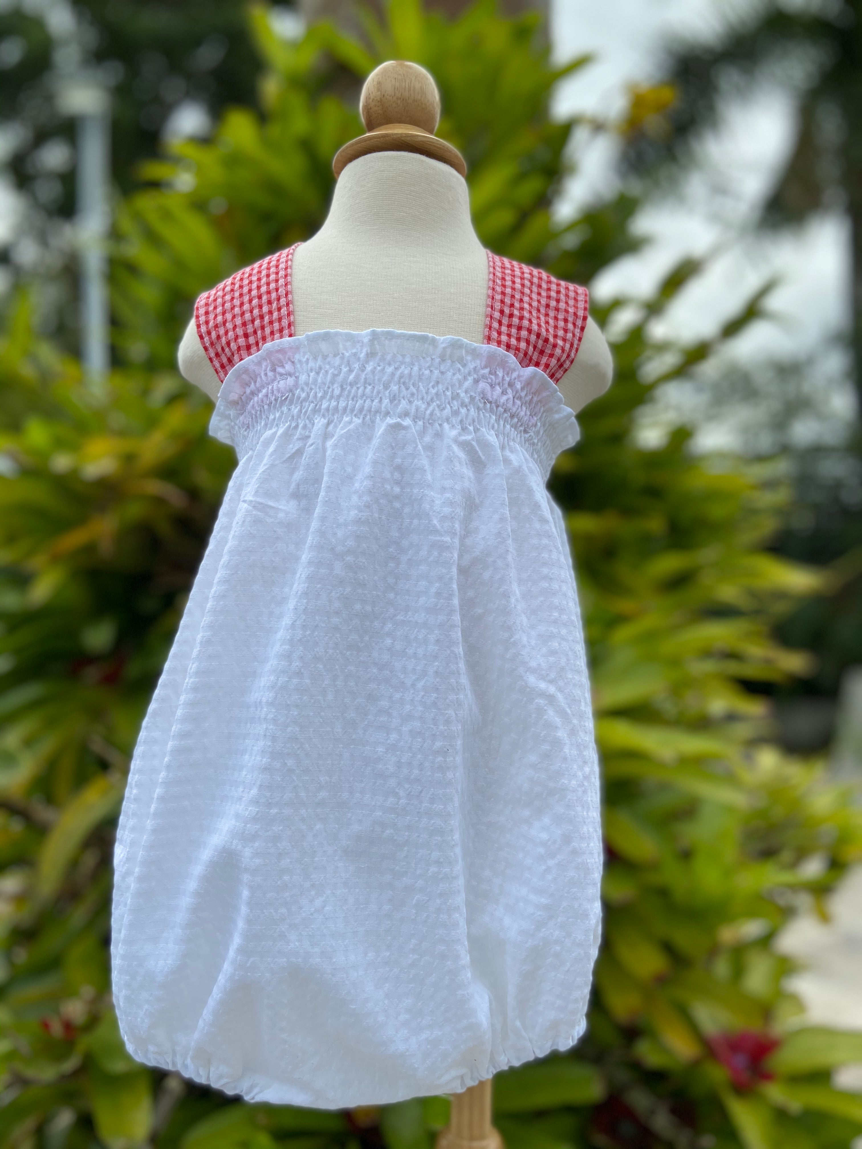 Bloomer Style White SeerSucker Romper with Red Gingham Straps