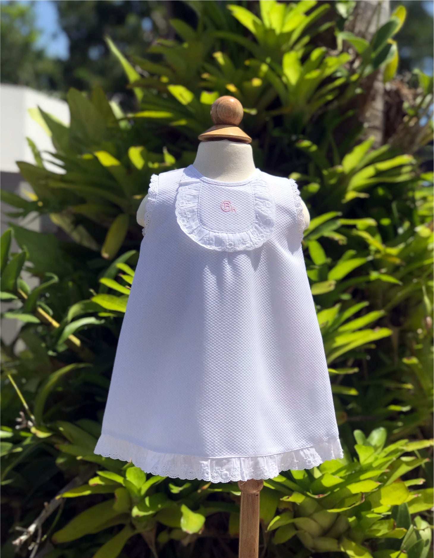 White Pique Dress With Lace Bib Edge