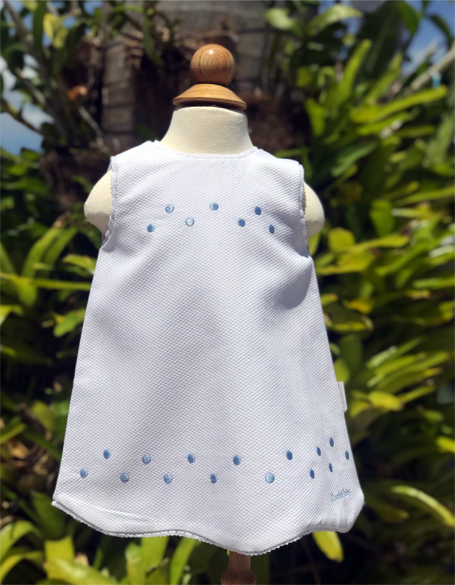 White Pique Dress With Blue Polka Dot