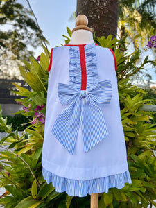 White Pique Dress With Blue Stripes Bow & Red Details