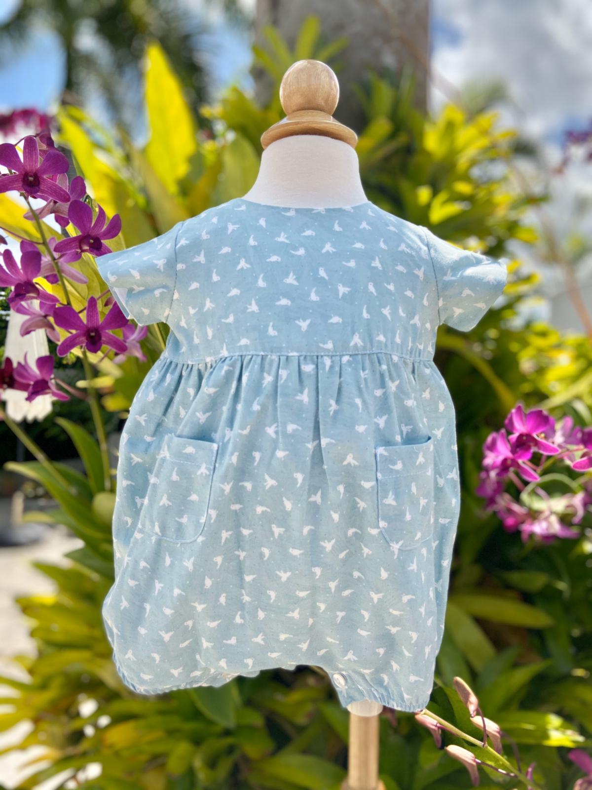 Cotton Romper with Birds Print and Pockets - Boy