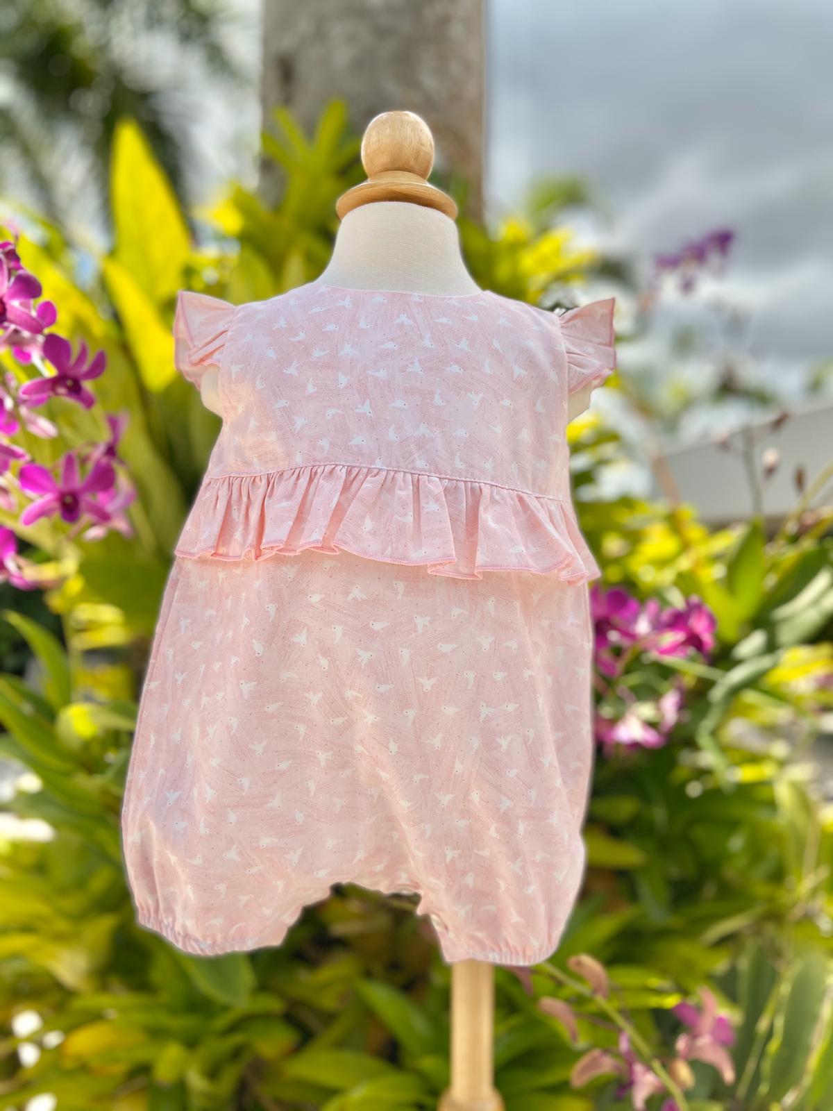 Ruffled Bird’s Print Pink Romper